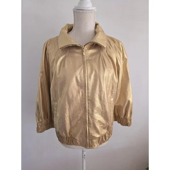 St John Gold Metallic Lambs Leather Silk 80s Retro Shimmer Bomber Zip Jacket M